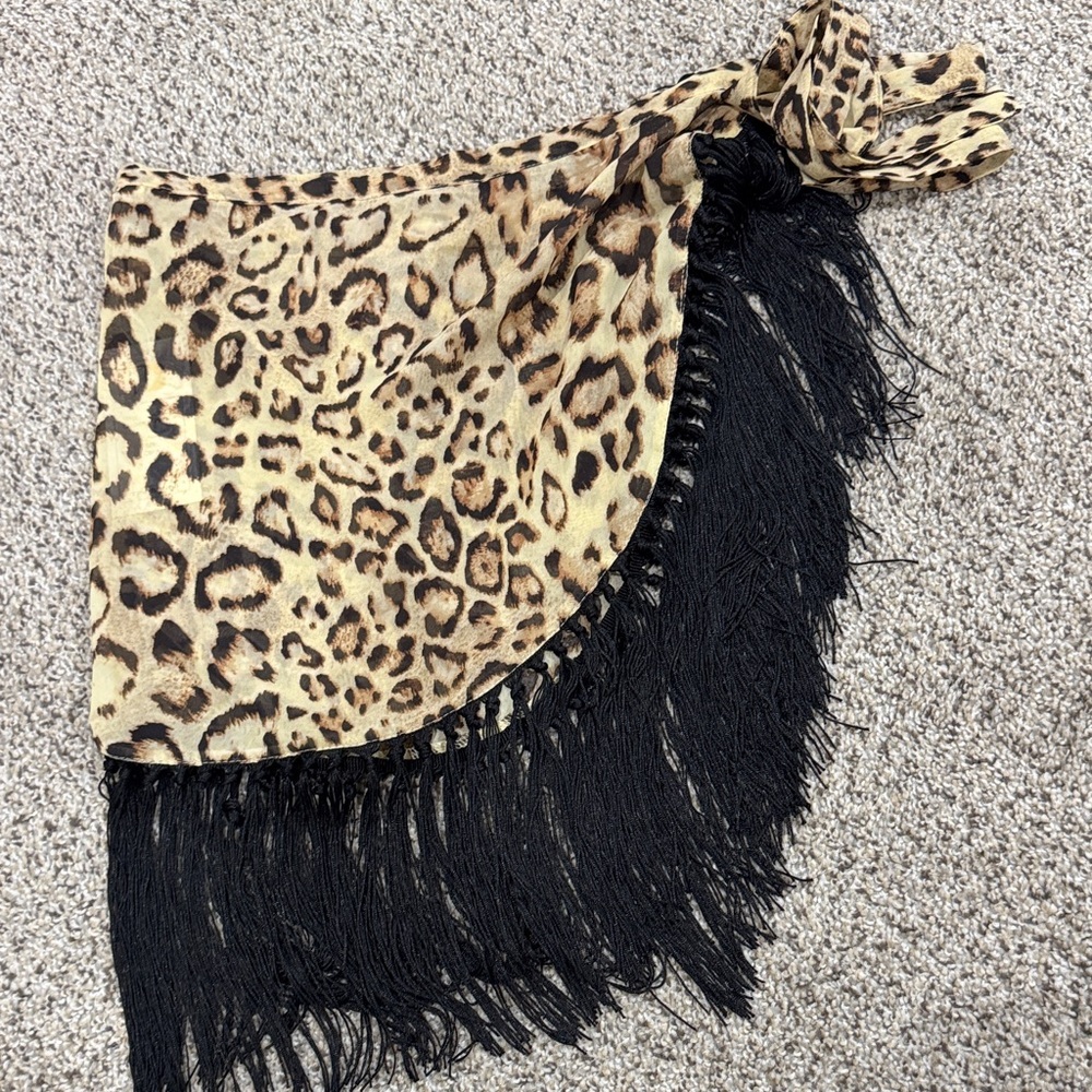 Leopard Print Fringe beach coverup- Black Fringe - Picture 2 of 4
